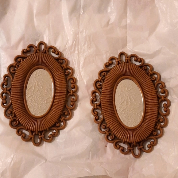Pair of faux rattatan vintage mirrors made in usa brown boho bohemian style - Picture 1 of 8